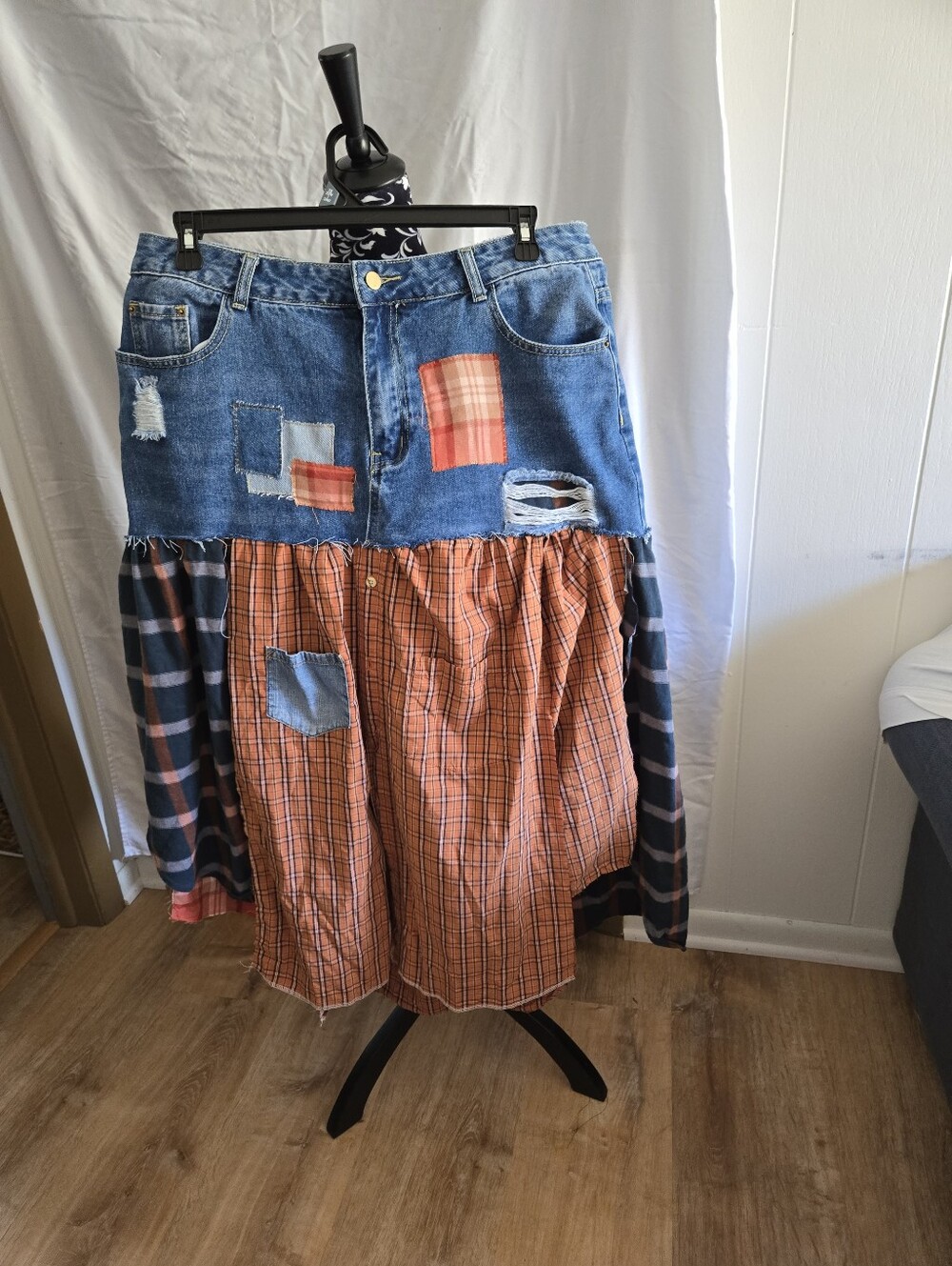 Upcycled Denim And Plaid Shirt Patchwork Skirt. Handmade